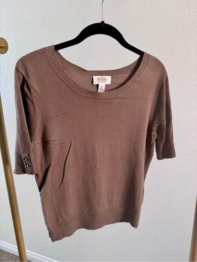 Talbots Brown Short Sleeve Button-Cuff Knit Top